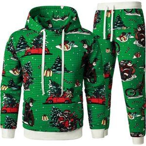 Men's Green Waffle Hoodies Sweatsuits 2PC Tracksuit Christmas Casual Jogging Set